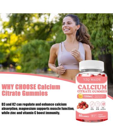 YZQ WAIDE Calcium Citrate Gummies 1200mg with Vitamin D3 + K2 Magnesium Zinc Chewable Calcium Supplement for Women & Men Bone Healthy Sugar Free Non-GMO Gluten Free Strawberry Flavor 60 Count - Buy Online on GoSupps.com