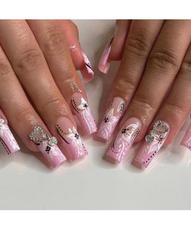 Runrayay 24 pieces Pink Press on Nails Long with rhinestones Flower Glossy Fake Nails Coffin wrong nails for women and girls BB