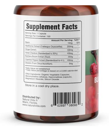 Natural Vida Blood Circulation 600mg Supplement - 150 Capsules - with Hawthorne Ginger Horse Chestnut Butchers Broom Cayenne Diosmin - Buy Online on GoSupps.com