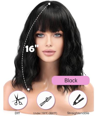 WOKESTAR Black Bob Wig with Neat Fringe - Curly Wavy Synthetic Wig for Women - Buy Online on GoSupps.com