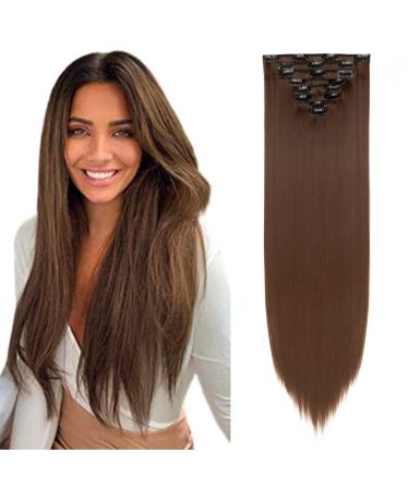 26" Long Straight Clip in Hair Extensions Full Head 8Pcs 18Clips Ombre Colorful Synthetic Hair Clip in Hairpiece Chocelate Brown Chocelate Brown 26 inch