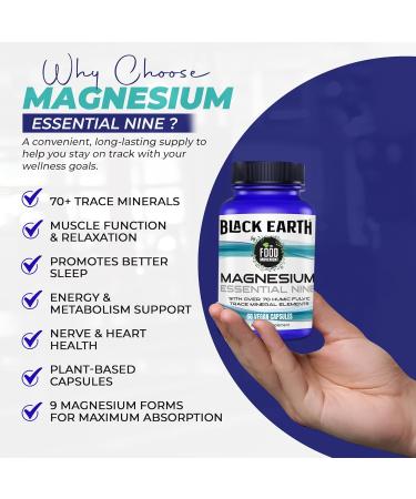 The Food Movement Co. Black Earth Magnesium Essential Nine - 60 Vegan Capsules with Magnesium Glycinate Citrate Malate and More - 9 Bioactive Forms for Optimal Health - Buy Online on GoSupps.com