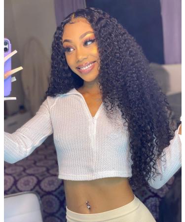 Curly Lace Front Wig Human Hair Brazilian Long Curly 4x4 Lace Closure Human Hair Wigs Pre Plucked For Black Women 150% Density Glueless Lace Wigs With Baby Hair YMSGIRL Hair Wig 28 Inch Curly(4*4 Lace Closure) 28