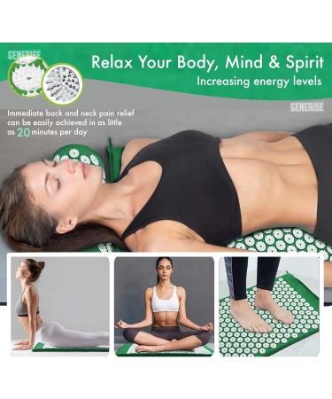Generise Acupressure Mat and Pillow Set for Men & Women - Pain Relief for Back, Neck, and Muscles - Includes Travel Bag - Green with White Spikes - Buy Online on GoSupps.com