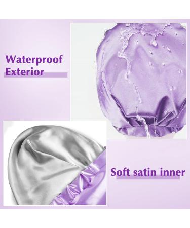 Arqumi Reusable Shower Cap with Ribbon Bow | Waterproof Double-Layer Bath Cap for Women Men | Large Elastic Hair Bonnet for Long Thick Hair - Purple C Shower Cap - Buy Online on GoSupps.com