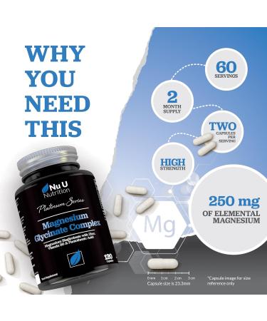 Magnesium Glycinate Capsules with Vitamin B6, Zinc & Pantothenic Acid - 120 Vegan Capsules | 250mg Elemental Magnesium per Serving - High Strength Bisglycinate Supplement - Buy Online on GoSupps.com