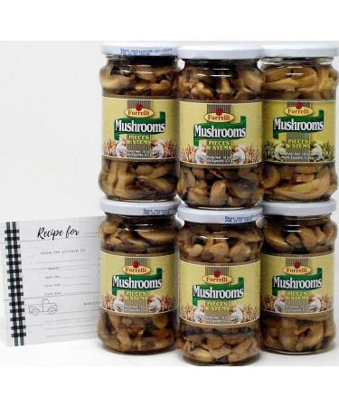 Forrelli Mushrooms Pieces and Stems, 10 Oz, 6 Pack Bundle - 6 x 10 Oz Glass Jars of Forrelli Pieces and Stems Mushrooms, Bundled with JFS Recipe Card