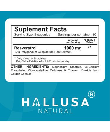 Hallusa Natural Hallveratrol Resveratrol 1000 mg | Powerful Antioxidant Supplement for Anti-Aging Brain & Immune Support | Polyphenol from Polygonum Cuspidatum | Gluten Free Non-GMO | 60 Capsules - Buy Online on GoSupps.com
