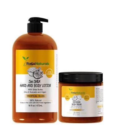 RaGaNaturals Tropical Body Lotion 16fl oz and Body Cream 8fl oz, Ultra Hydrating Moisturizer for Women, Men, Babies and Kids.