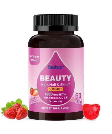 Natural 6000mcg Biotin Gummies No Sugar Added Hair Skin and Nails Beauty Gummies with Vitamins A C E for Women Men GMO Free Gluten Free 60 Count (Pack of 1)