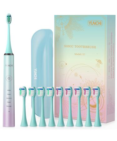 Electric Toothbrush for Adults & Kids, YUNCHI Y7 Rechargeable Sonic Electric Toothbrushes, 10 Dupont Brush Heads, 5 Modes Fast Charge for 30 Days, 40,000 VPM Motor & 2 Mins Timer Tooth Brush, Green sonic electric toothbrus…