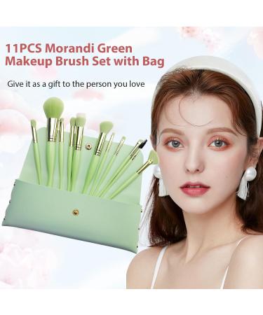 11pcs Professional Makeup Brushes Set with PU Leather Bag - Green | Premium Synthetic Powder Blush Contour Eyeshadows Brushes for Face & Eyebrows - Buy Online on GoSupps.com