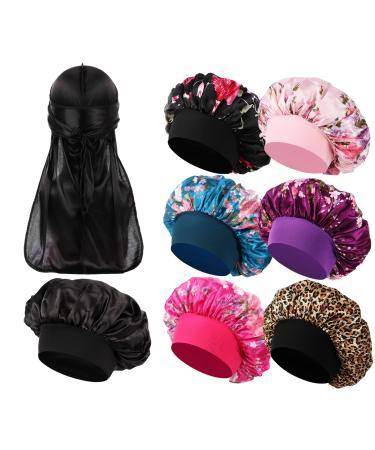 Himoswis 8 PCS Bonnet for Men Satin Hair Bonnets for Black Women Hair Sleep Cap for Men and Women