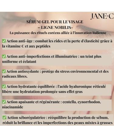 JANE C Ligne Nobilis S rum Visage Gel Anti- ge R quilibrant Inspir de la K-Beauty et Perfectionn en Italie Peptides de Cuivre Centella Asiatica Antioxydant & S bor gulateur Made in Italy 30 ml - Buy Online on GoSupps.com