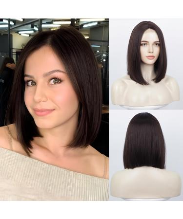 HAIRCUBE Wigs for Women Dark Brown Hair Straight Bob Wig Hand-Tied Heat Resistant Hairline Shoulder Length Natural Middle Part (12inch)