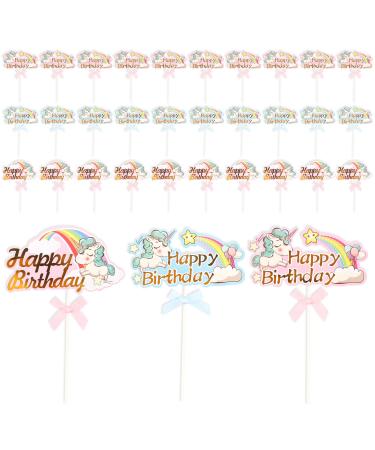 30 Pcs Unicorn Cupcake Toppers Happy Birthday Cake Decorating Insert Cards with Rainbow and Bowknot for Girls Birthday Parties 8 Styles