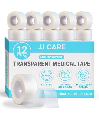 JJ CARE Transparent Medical Tape (Pack of 12) 1 x 10 Yards Clear Surgical Tape for Wounds No Residue Medical Tape Clear First Aid Tape Roll and Easy-Tear Medical Tape for Wound Care