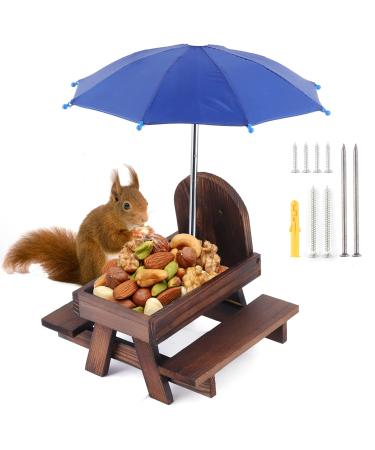 Creechwa Squirrel Feeder Wooden Squirrel Picnic Table Outdoor Bird Squirrel Feeding Station with Umbrella and Corn Cob Holder for Garden Trees Forest House (Brown)