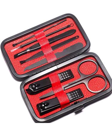 Professional Stainless Steel Manicure Kit - 8 in 1 Nail Clippers Set for Men and Women - Grooming Scissors, Tweezers, Ear Pick, Nail File - Black/Red Gift Set - Buy Online on GoSupps.com