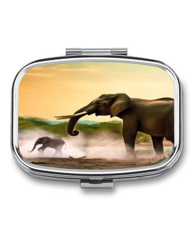 Pill Box Africa Elephant Print 2 Compartment Medicine Pill Case Pill Organizer Decorative Metal Portable Pill Box for Pocket Or Purse Style