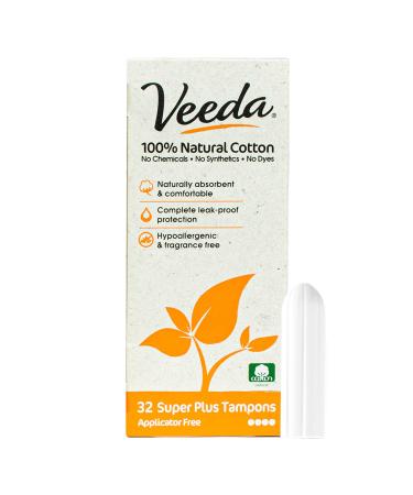 Veeda 100% Natural Cotton Applicator Free Tampons Super Absorbent Comfort Digital Super Plus Tampons Chlorine Toxin and Pesticide free 32 Count 32 Count (Pack of 1)