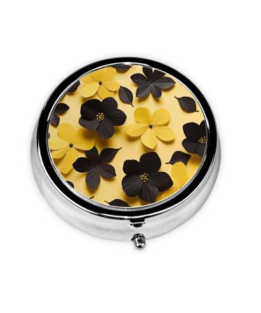 Black Yellow Petals Portable Metal Pill Box Round Mini 3-Compartment Plastic Insert hinged Fastening Design Suitable for Small Pills Must-Have for Travel