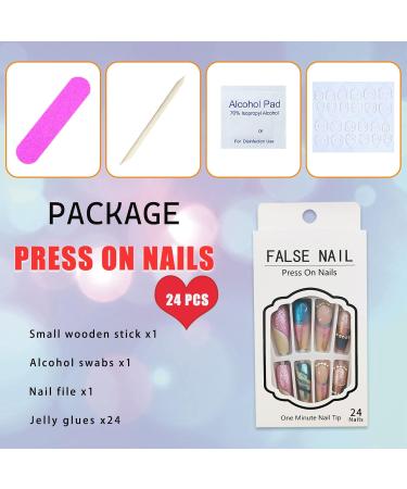 Extra Long Coffin Press on Nails - 24Pcs Full Cover Sequins & Rhinestones Acrylic Stick on Fake Nails for Women - Matte Finish with Glue - Buy Online on GoSupps.com