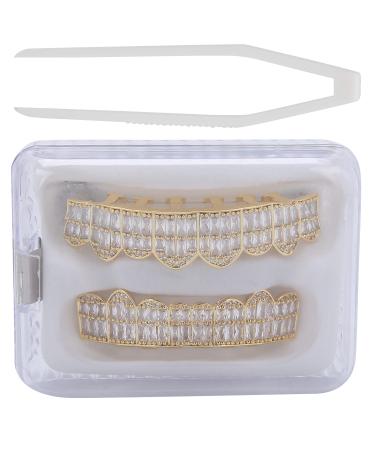 Hip hop grillz braces gold -plated tooth grill set diamond toothpage tooth decoration cold -coated copper grillz dental bling grillz for party halloween festival (gold)