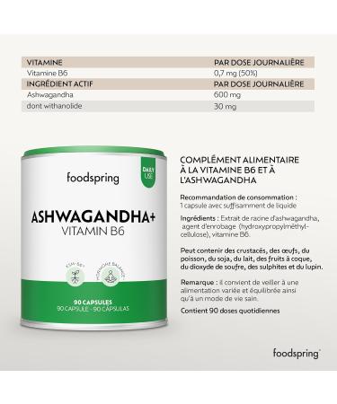 foodspring - Ashwagandha KSM-66 600mg + Vitamin B6 Vegan Capsules - Ashwaganda Dietary Supplement & Vitamin B6 Extract for Hormone Balance & Fatigue Reduction - 90 Capsules - Buy Online on GoSupps.com