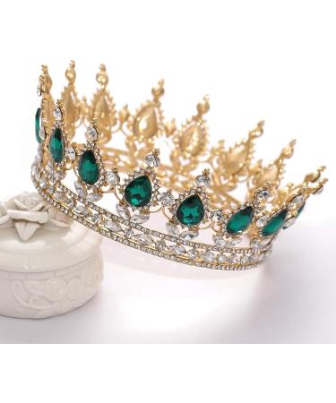 FORSEVEN Queen Crown Rhinestone Wedding Tiara | Crystal Bridal Princess Crown for Women - Gold and Green | Costume Party Hair Accessory - Buy Online on GoSupps.com