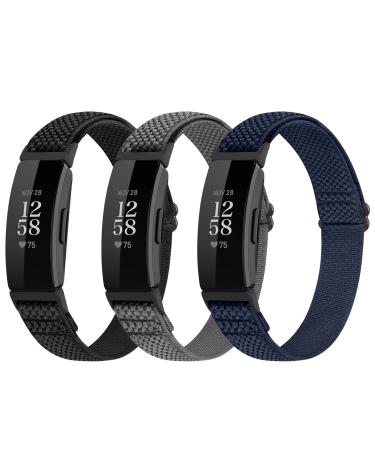 Huamanlou 3 Pack Adjustable Elastic Nylon Sport Bands Compatible with Fitbit Inspire 2/Inspire/Inspire HR/Ace 2/Ace 3, Soft Solo Loop Stretchy Straps Replacement Wristbands for Fitbit Inspire Women Men Black+Gray+Indigo