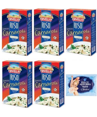 Divella Riz Carnaroli Rice Lot of 5 grains of super fine rice, ideal for risottos, sous vide packaging of 1 kg + 1 bag of free Felce Azzurra talc, 100 g bag