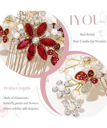 IYOU Women Bridal Hair Combs Red Flower Wedding Sides Comb Sparkly Crystal Headpiece Prom Party Hair Accessories for Bride and Bridesmaid - Buy Online on GoSupps.com