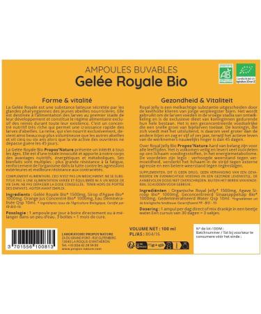  PROPOS'NATURE Organic Royal Jelly in ampoules - 1500 mg dose - 10 x 10 ml ampoules - Certified Organic - No colorings or preservatives - Aroma - Buy Online on GoSupps.com