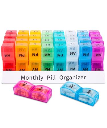 Monthly Pill Organizer 2 Times a Day,30 Day One Month Pill Box AM PM,31 Day Pill Case Small Compartments to Hold Vitamins,Travel Medicine Organizer,31 Day Pill Organizer Twice a Day 1 Month