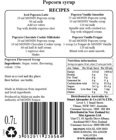 MONIN Premium Popcorn Syrup 700 ml - Delicious Popcorn Flavor (Pack of 1) - Buy Online on GoSupps.com