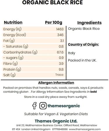 Thames Organic 500g Black Rice - Raw Vegan High Protein GMO-Free - Nutritious & Delicious - No Additives or Preservatives - Buy Online on GoSupps.com
