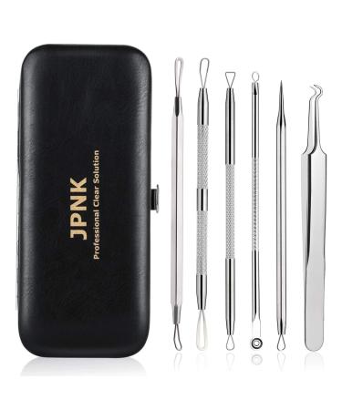 JPNK Blackhead Remover Tool Comedones Extractor Acne Removal Kit for Blemish, Whitehead Popping, 6 Pcs Zit Removing for Nose Face Tools with a Leather Bag Silver