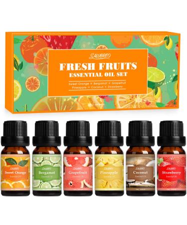 SALUBRITO Essential Oils Set Fruit Fragrance Oils for Diffuser for Home 6 x 10ML Aromatherapy Oil for Candle Soap Making Sweet Orange Coconut Pineapple Strawberry Bergamot and More