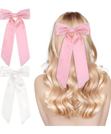 2 PCS Big Bow Hair Clips Soft Bowknot Hair Pins French Long Tail Barrettes Ponytail Holder Slides Metal Headpieces Vintage Headwear for Women Girls - White & Pink - Buy Online on GoSupps.com