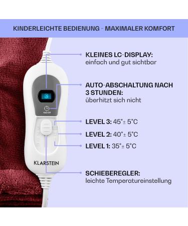 Klarstein XL Heating Blanket 120W - Cuddly Electric Thermal Ceiling for Bed & Sofa Energy-Saving & Washable - Large 180x130 cm Bordeaux - Buy Online on GoSupps.com
