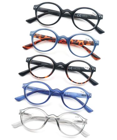 Reading Glasses Women Men 1.25 Readers 5 Pack,Classice Comfort Round Lightweight Eyeglasses Flexible Spring Hinge Well Wear 5 Pair Mix Color 1.25 x