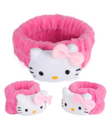 Cute Cartoon Spa Headband and Wristbands Set for Washing Face  Girls Women Cute Makeup Headband and Face Washing Wristbands  Pink Makeup Headband Wristbands Set for Washing Face  Bath  Shower  Beauty