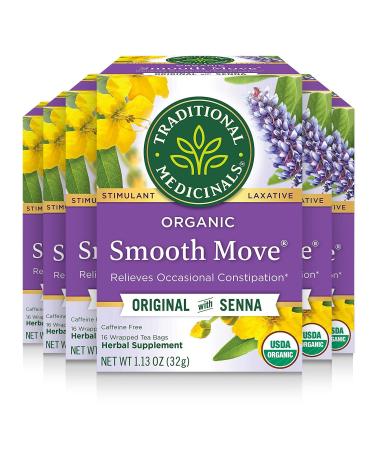 Traditional Medicinals - Organic Smooth Move Original Senna Tea (6 Pack) - Herbal Laxative - Gentle Overnight Relief of Occasional Constipation - Caffeine Free - 96 Tea Bags Total Original 16 Count (Pack of 6)