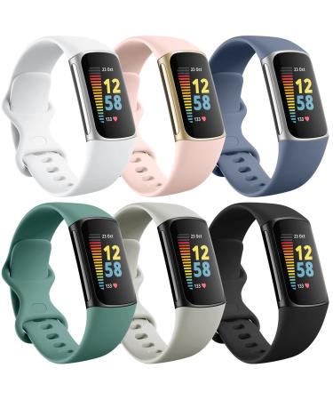 Ouwegaga 6 Pack Band Compatible with Fitbit Charge 5 Bands for Women Men, Soft Sport Waterproof Replacement Strap for Fitbit Charge 5 Fitness Tracker, Large Large (7.1"-8.7") Black/White/Gray/Pink/Pine Green/Blue Gray