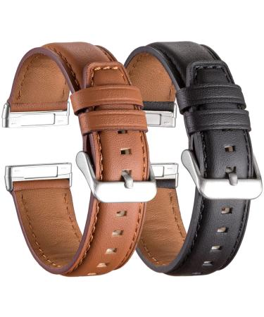 Compatible with Fitbit Sense Bands/Fitbit Versa 3 Bands 2 Pack Leather, for Women Men Quick Release Replacement Smartwatch Strap(Black+Brown)