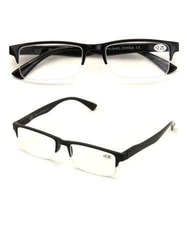 2 Pairs Rectangular Half Rim Reading Glasses - Simple Classic Reader (Black 1.50)