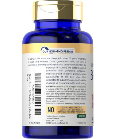 Carlyle Brain Up Supplement | 60 Softgels | with L-Theanine Bacopa & B-12 | Non-GMO Gluten Free - Buy Online on GoSupps.com