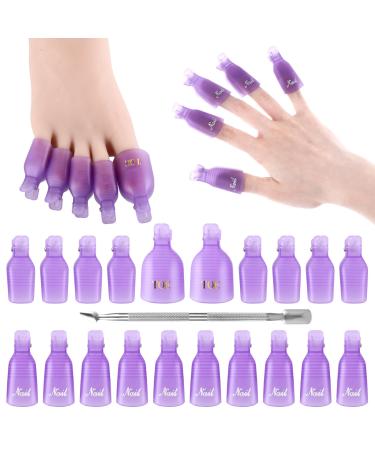 Nail Polish Remover Clips Gel Nail Polish Remover Clips Kit 20 pcs Plastic Nail Clips for Polish Removal with Double Ended Metal Cuticle Pusher for Remover Cleaner Clip Caps Tool Purple