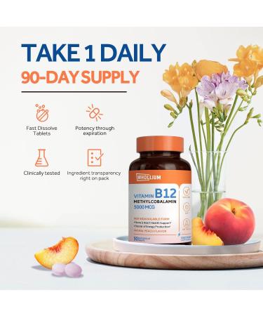 Whollium Methyl B12 5000mcg Supplement - Vegan, Fast Dissolve, Peach Flavor - Energy, Heart & Brain Health - 90 Tabs - Buy Online on GoSupps.com